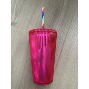 Starbucks Pink Reusable 16 Oz Tumbler With Lid & Rainbow Straw
